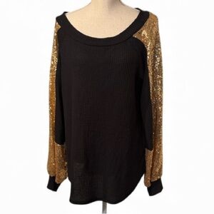 FSL + Apparel Black Gold Sequin L/S Waffle Tunic Top Large Sparkle Festive NEW
